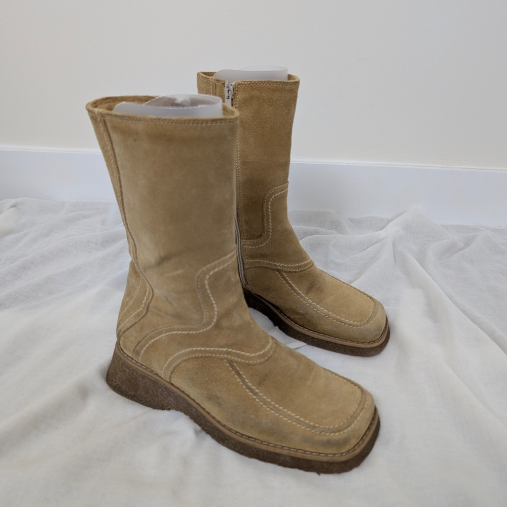 Suede Boots Wedges Calf Height Size 7.5 Square Toe - Picture 12 of 14